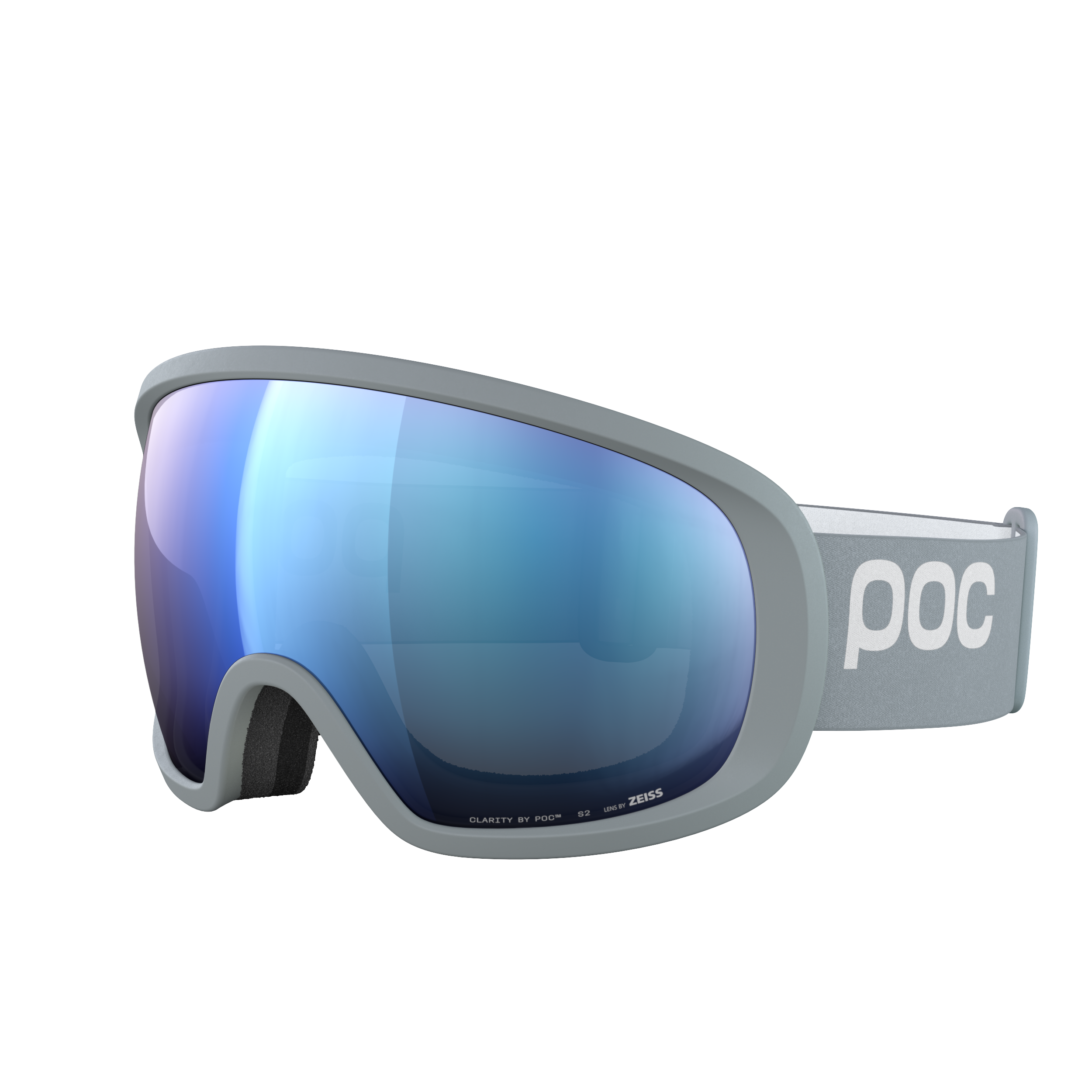 Eine POC Sportbrille Fovea mit Clarity-Gläsern, mit hellblauen, reflektierenden Gläsern, grauem Rahmen und grauem Band mit weißem POC-Logo, abgebildet auf weißem Hintergrund.