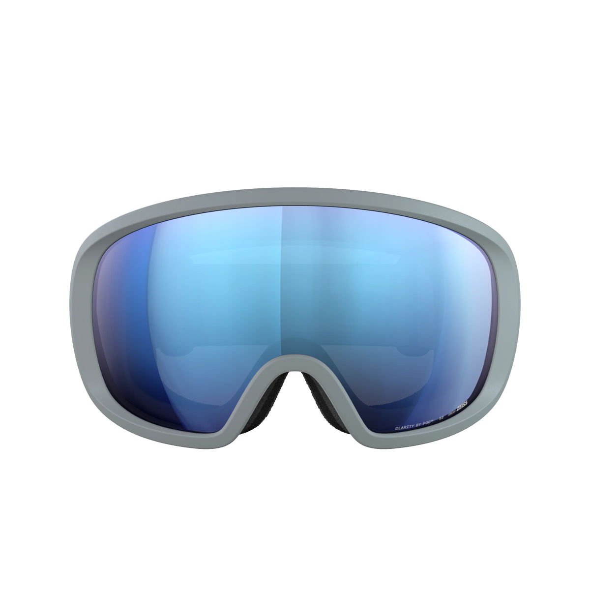 Vorderansicht der POC Sports Fovea Skibrille mit hellgrauem Rahmen und blau getönten, reflektierenden Clarity-Gläsern, dargestellt auf einem einfarbig weißen Hintergrund.