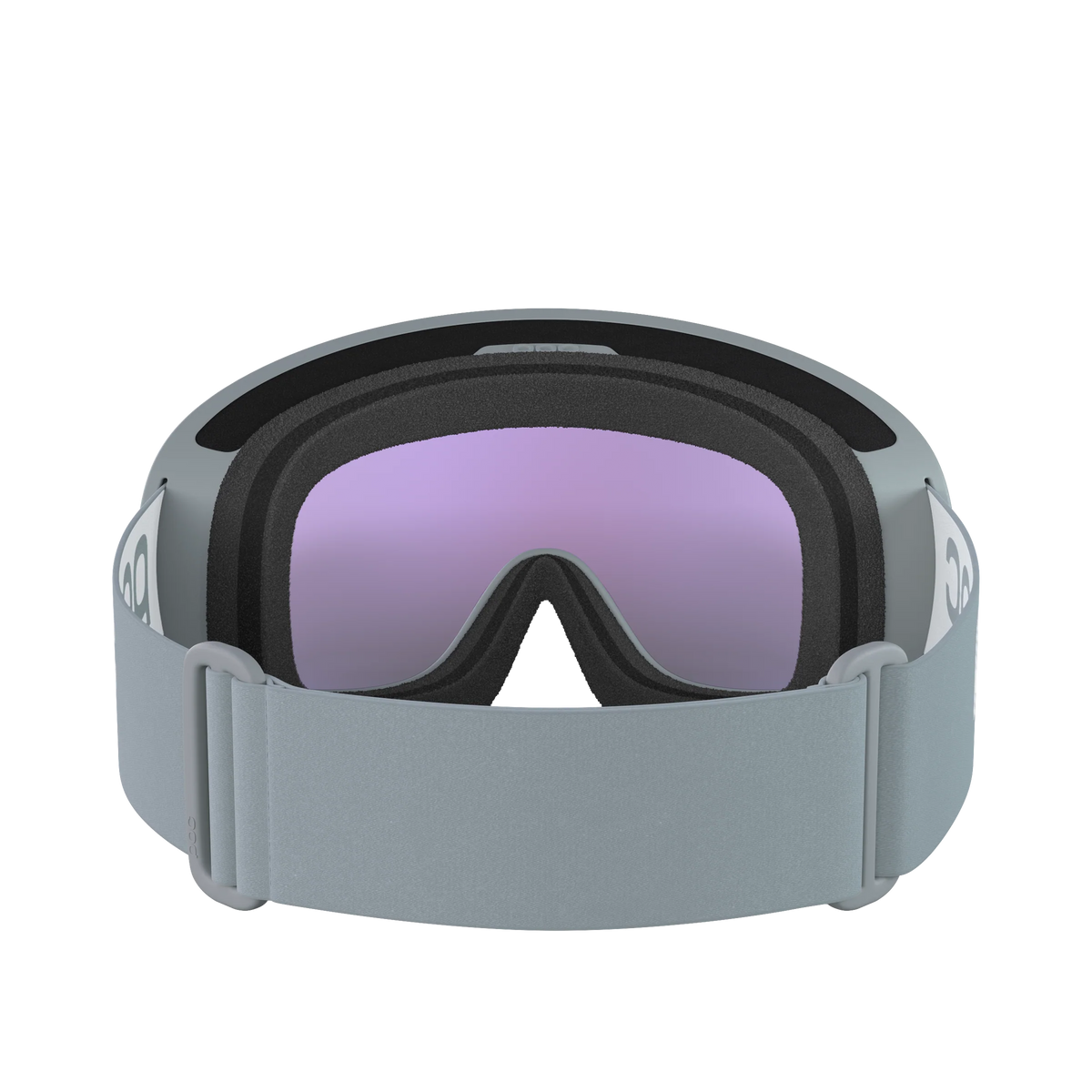 Eine POC Sports POC Fovea Schwimmbrille mit Clarity-Gläsern, hellgrauem Band und lila getönten Gläsern, von hinten mit dem Band nach vorne gezeigt.
