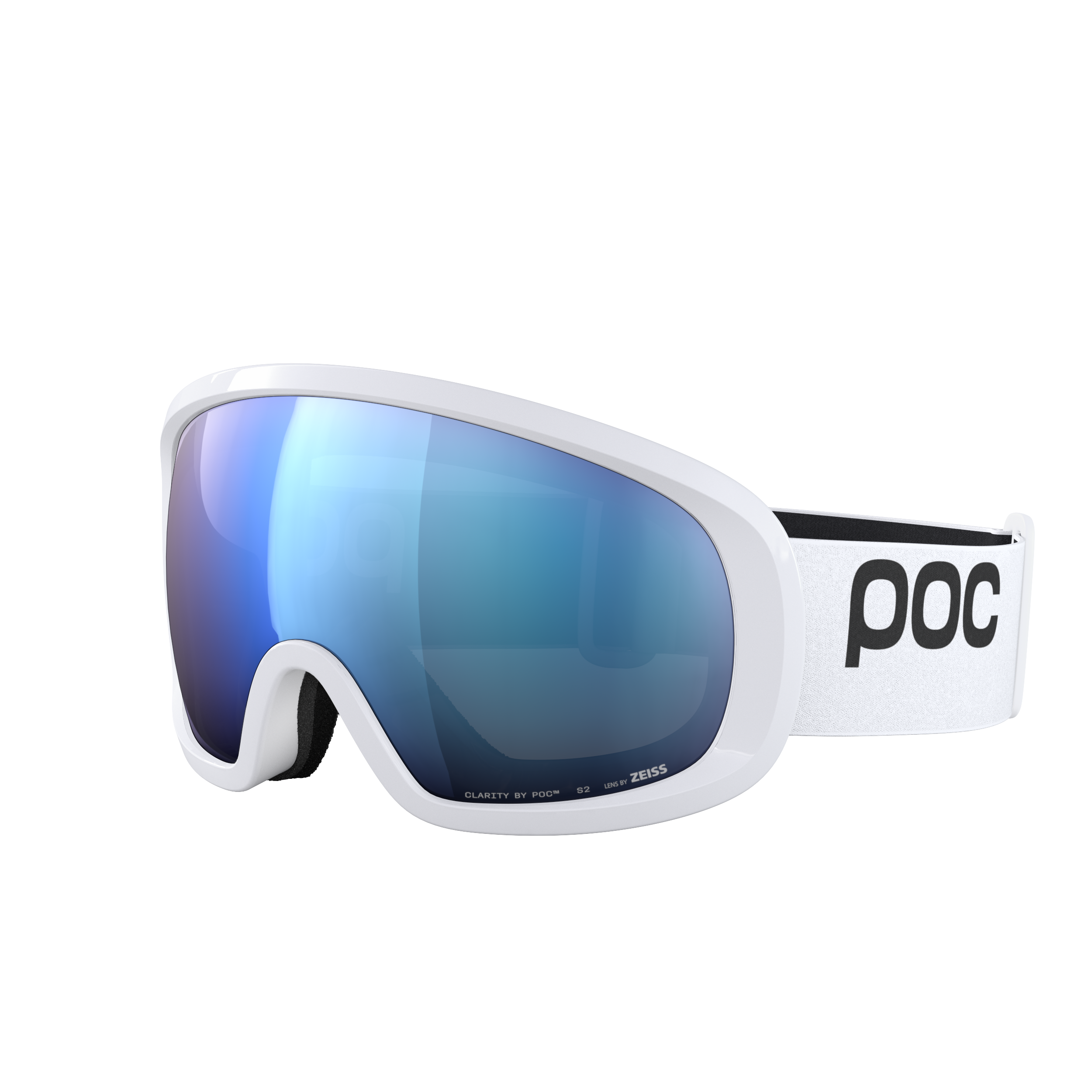 Die POC Sports Fovea Mid Skibrille hat einen weißen Rahmen, reflektierende blaue Gläser mit Clarity Technology und torischem Glas sowie ein POC-Branding auf dem verstellbaren Band, das auf einem schlichten weißen Hintergrund abgebildet ist.