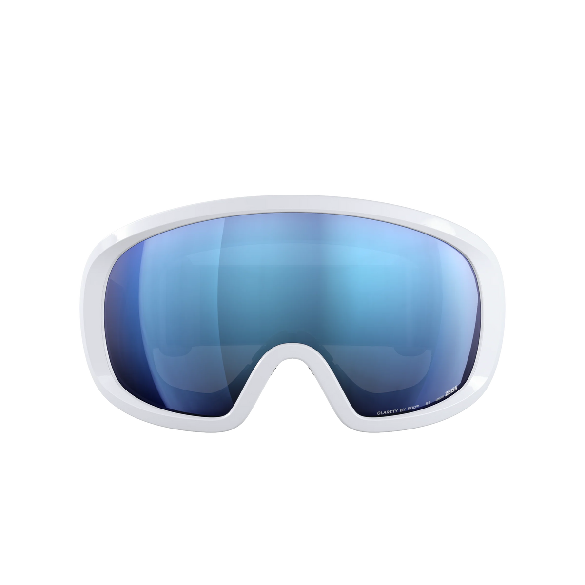 Eine POC Sports Fovea Mid Ski- oder Snowboardbrille mit weißem Rahmen und blauen, reflektierenden Clarity-Gläsern, dargestellt vor einem schlichten weißen Hintergrund.