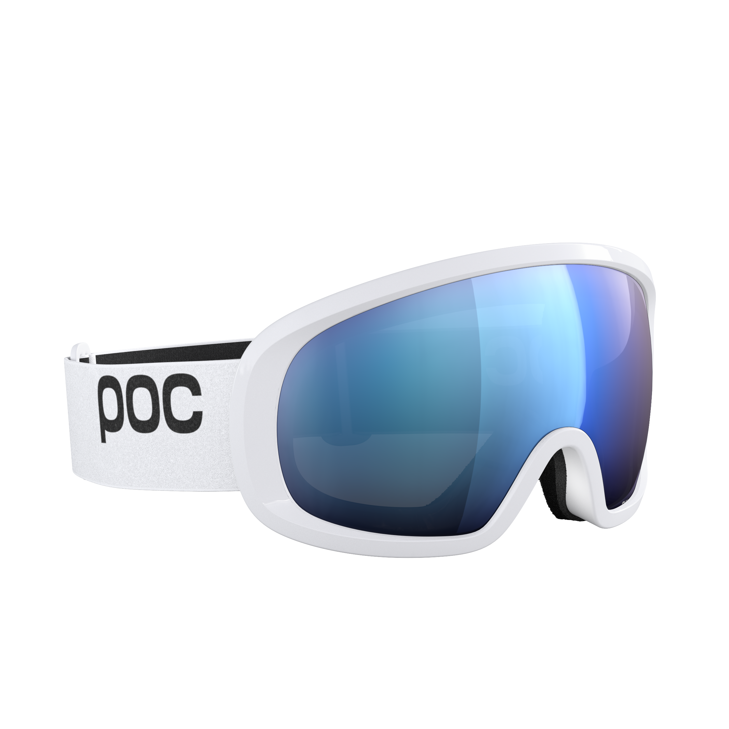 Die POC Sports Fovea Mid Skibrille verfügt über eine breite, blau getönte Clarity-Scheibe mit torischem Glas und ein verstellbares weißes Band mit dem schwarzen POC-Logo. Das schlanke, moderne Design hebt sich von einem schlichten weißen Hintergrund ab.