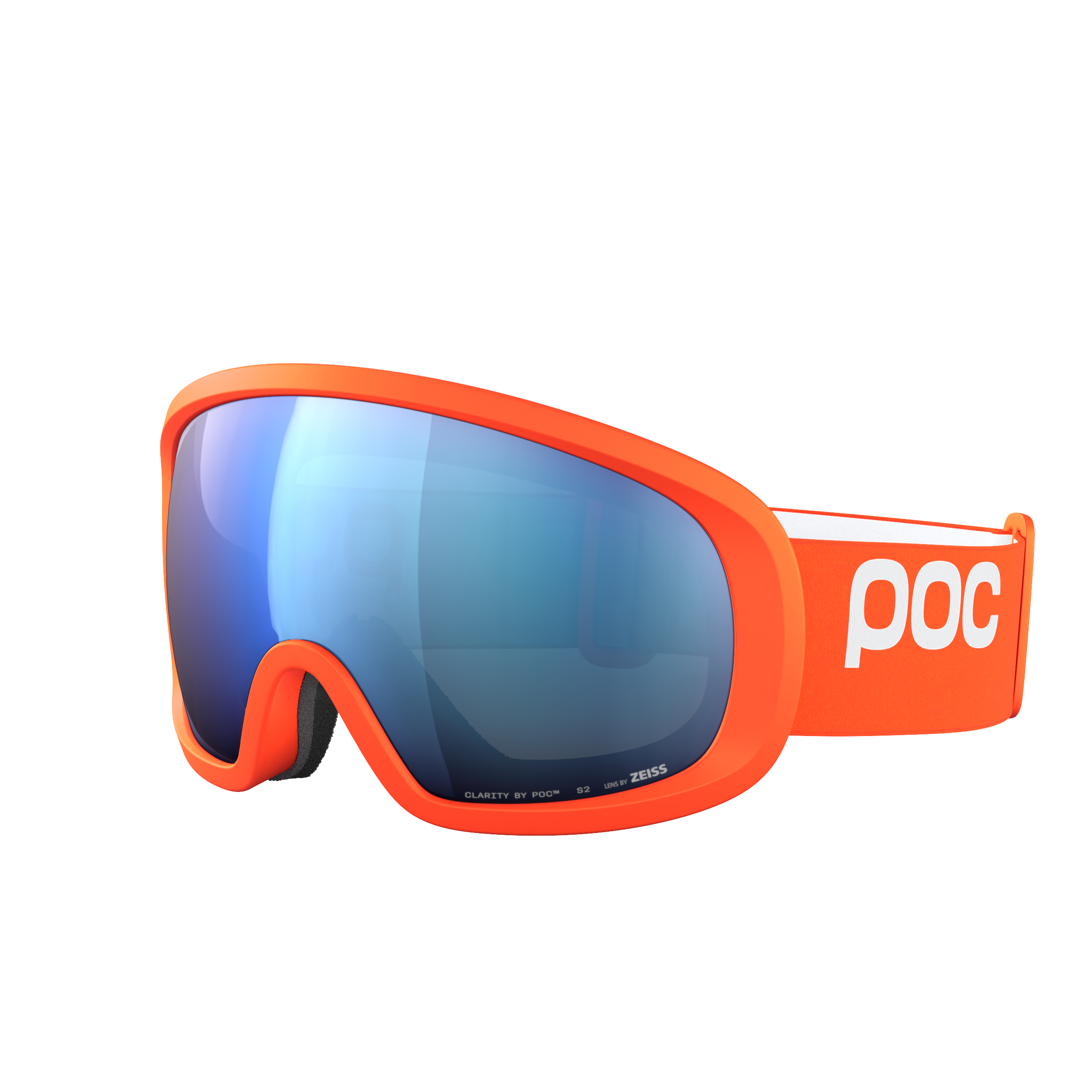 Die POC Fovea Mid Skibrille von POC Sports verfügt über einen leuchtend orangefarbenen Rahmen, breite blau getönte Clarity-Gläser und ein orangefarbenes Band mit weißem "POC"-Logo und bietet ein modernes, stromlinienförmiges Design für hervorragende Sicht auf der Piste.