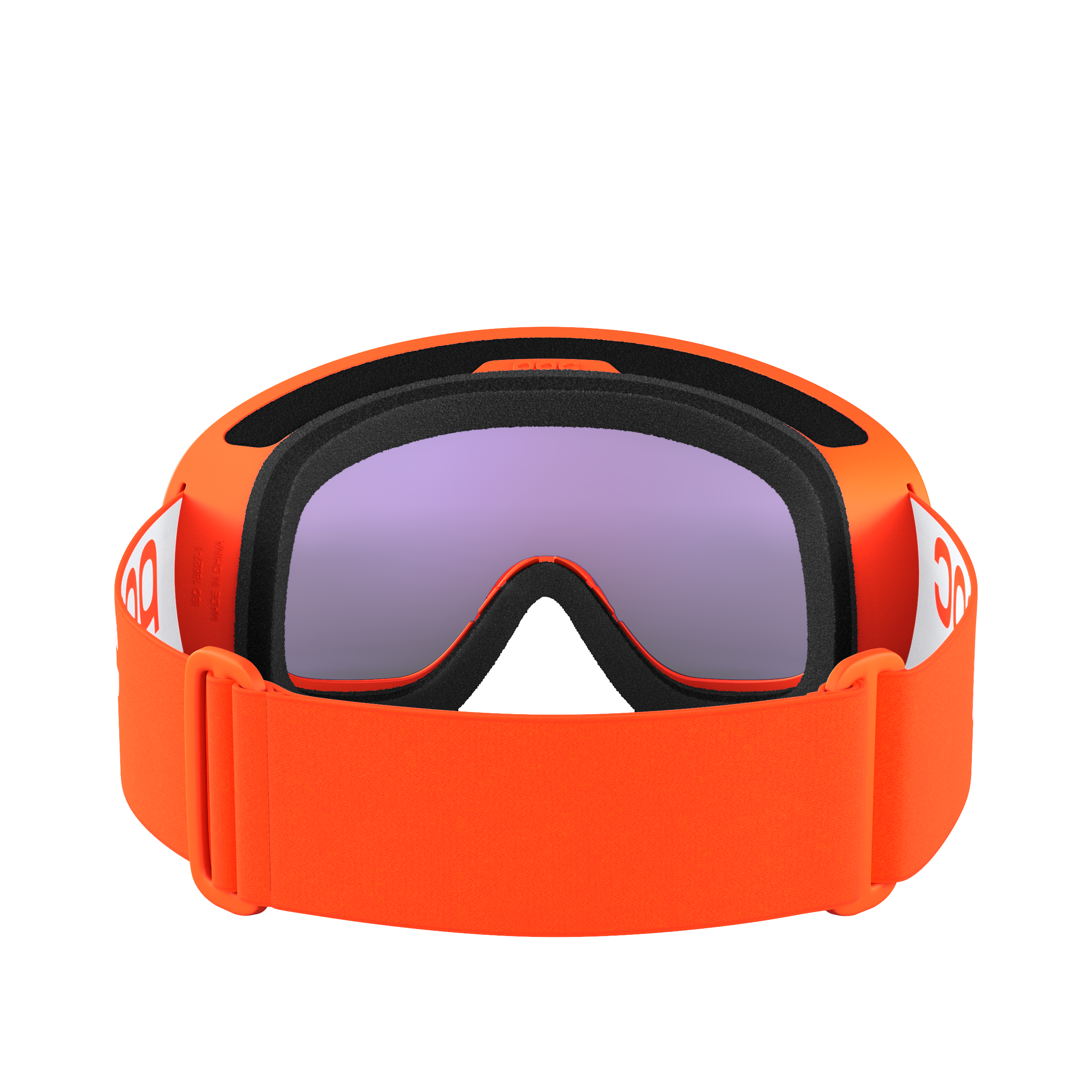 Die orangefarbene POC Sports Fovea Mid verfügt über einen breiten, verstellbaren Riemen, eine schwarze Schaumstoffpolsterung und eine lila getönte Clarity-Scheibe, die vor einem weißen Hintergrund abgebildet ist.