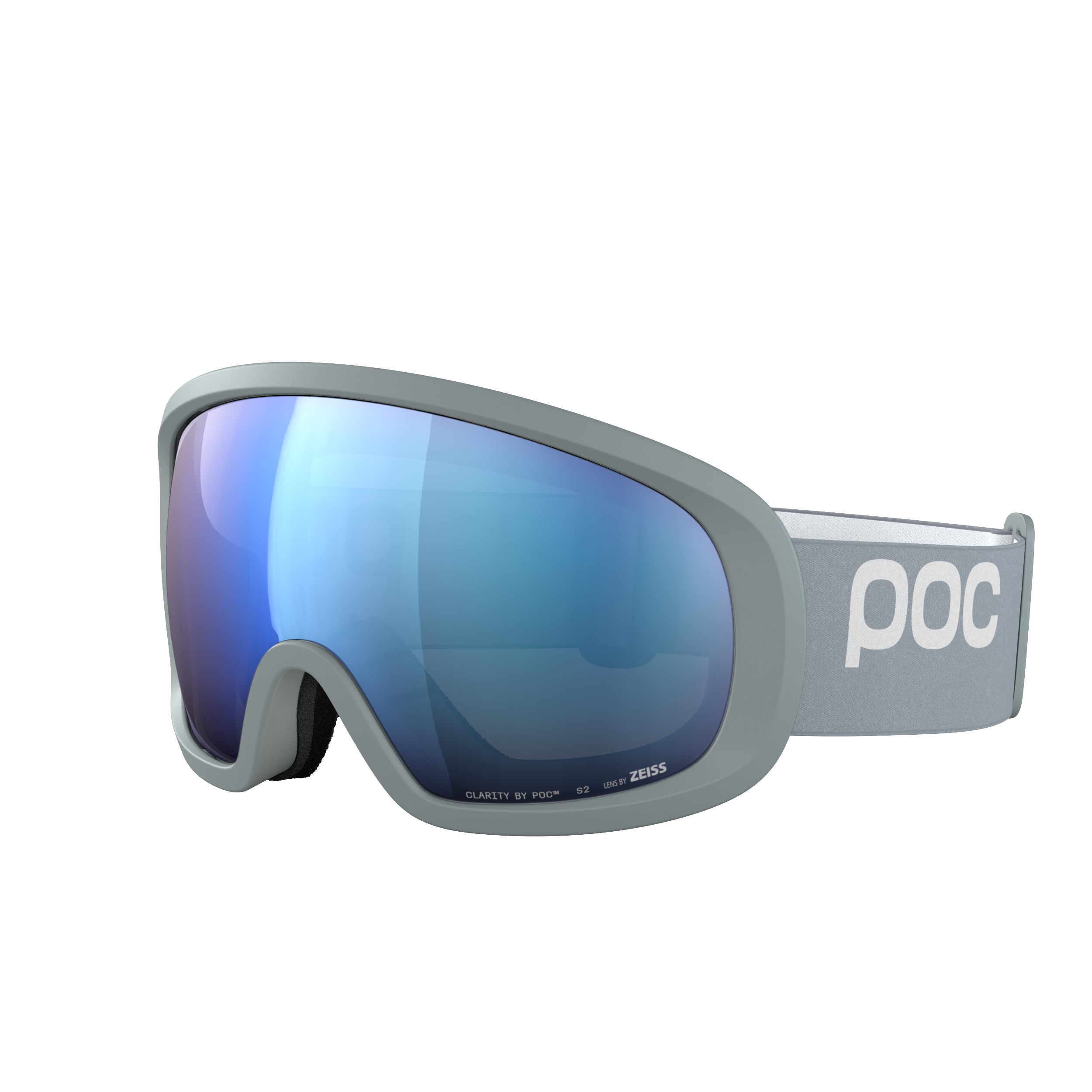 Hellgraue POC Sports Fovea Mid Skibrille mit breiter, reflektierender blauer Clarity-Glas-Scheibe und einem elastischen Band in Granite Grey mit weißem POC-Logo, abgebildet auf einem schlichten weißen Hintergrund.