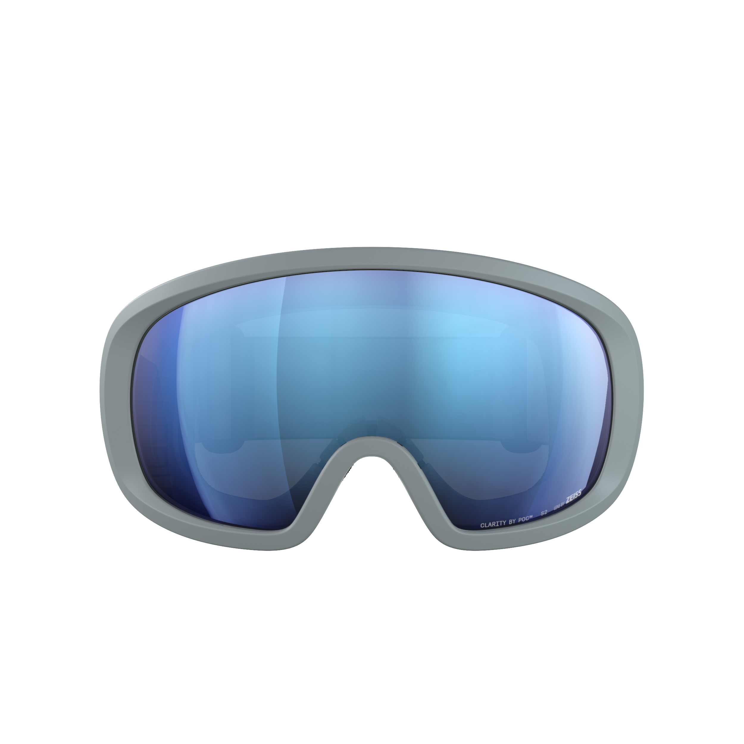 Vorderansicht der POC Fovea Mid Skibrille von POC Sports in Granite Grey mit blau verspiegelten Clarity-Glas-Gläsern, dargestellt vor einem schlichten weißen Hintergrund.