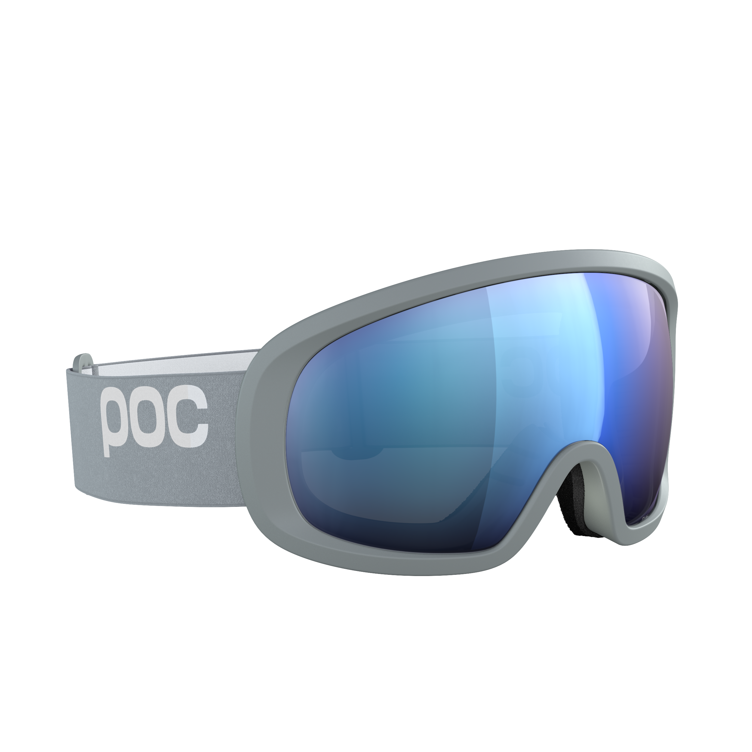 Die POC Sports Fovea Mid Skibrille in Granite Grey hat eine blaue, reflektierende Skibrille Clarity-Glas-Scheibe und ein verstellbares Band mit dem POC-Logo auf weißem Hintergrund.