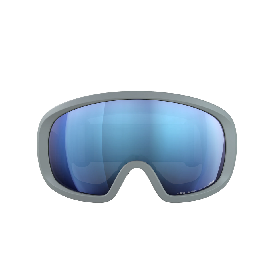 POC Fovea Mid Granite Grey – Frontansicht mit blau verspiegelter Clarity-Scheibe.