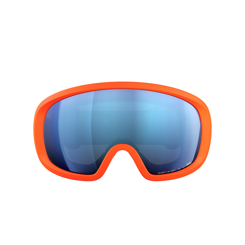 POC Fovea Mid Zink Orange – Frontansicht mit reflektierender blauer Scheibe.