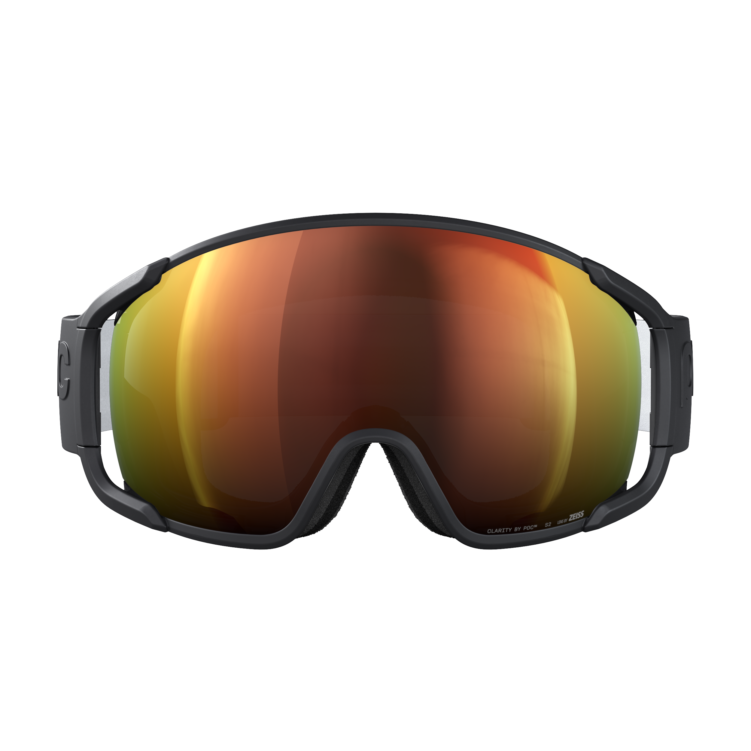 Die schwarze POC Sports Zonula Skibrille verfügt über eine breite, gebogene, reflektierende orangefarbene Scheibe und dicke Seitenrahmen für ein weites Sichtfeld mit innovativen Clarity-Gläsern. Abgebildet auf einfarbig weißem Hintergrund.