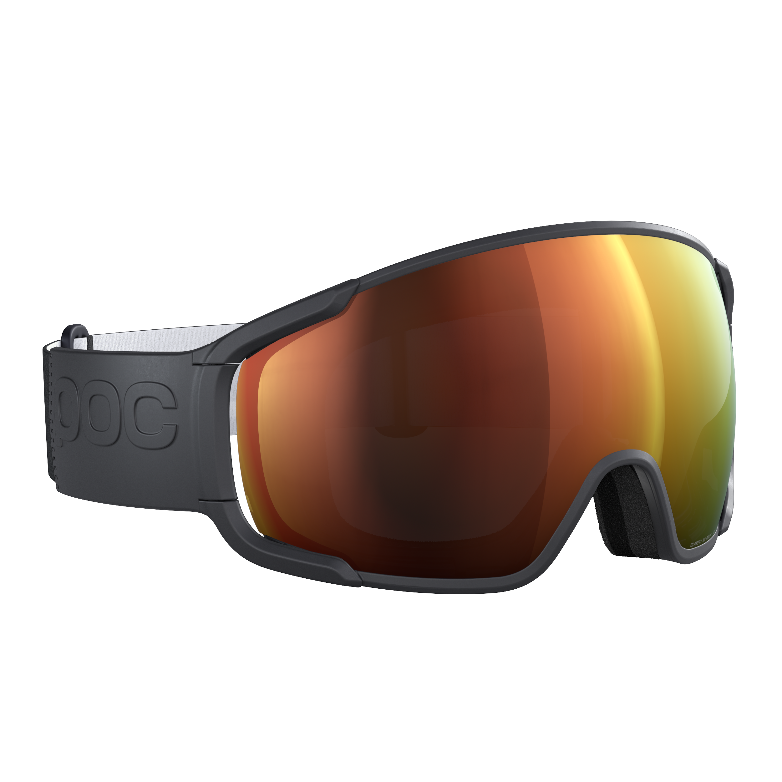 Eine schwarze POC Zonula Schneebrille von POC Sports mit Clarity-Gläsern für ein weites Sichtfeld, einer orangefarbenen, reflektierenden, gebogenen Scheibe und einem verstellbaren Band mit POC-Logo auf weißem Hintergrund.
