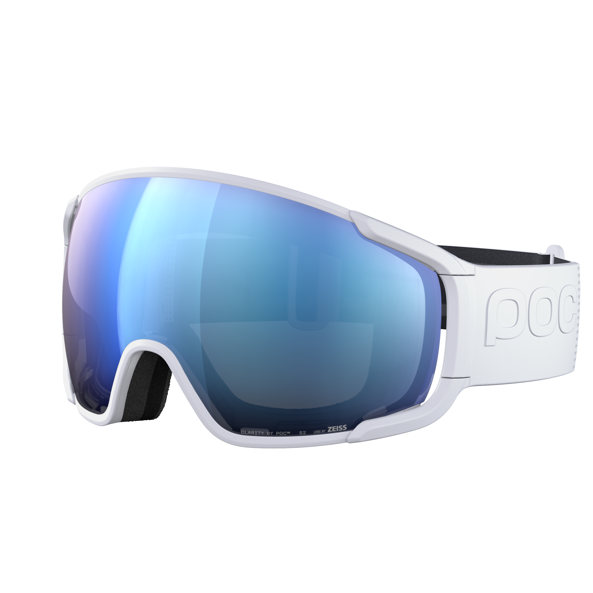 Die POC Sports Zonula Skibrille hat eine breite, blau getönte, verspiegelte Clarity-Scheibe und ein weißes, verstellbares Band mit geprägtem POC-Branding auf weißem Hintergrund.