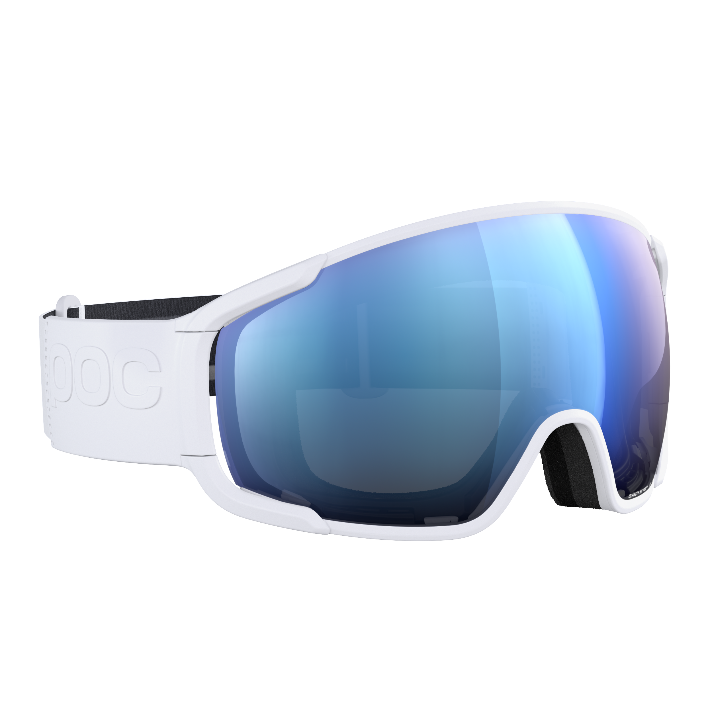 Die POC Sports Zonula Skibrille verfügt über breite, verspiegelte blaue Clarity-Gläser, ein schwarzes Innenfutter und ein verstellbares weißes Band mit geprägtem Branding, das auf einem schlichten weißen Hintergrund dargestellt ist.