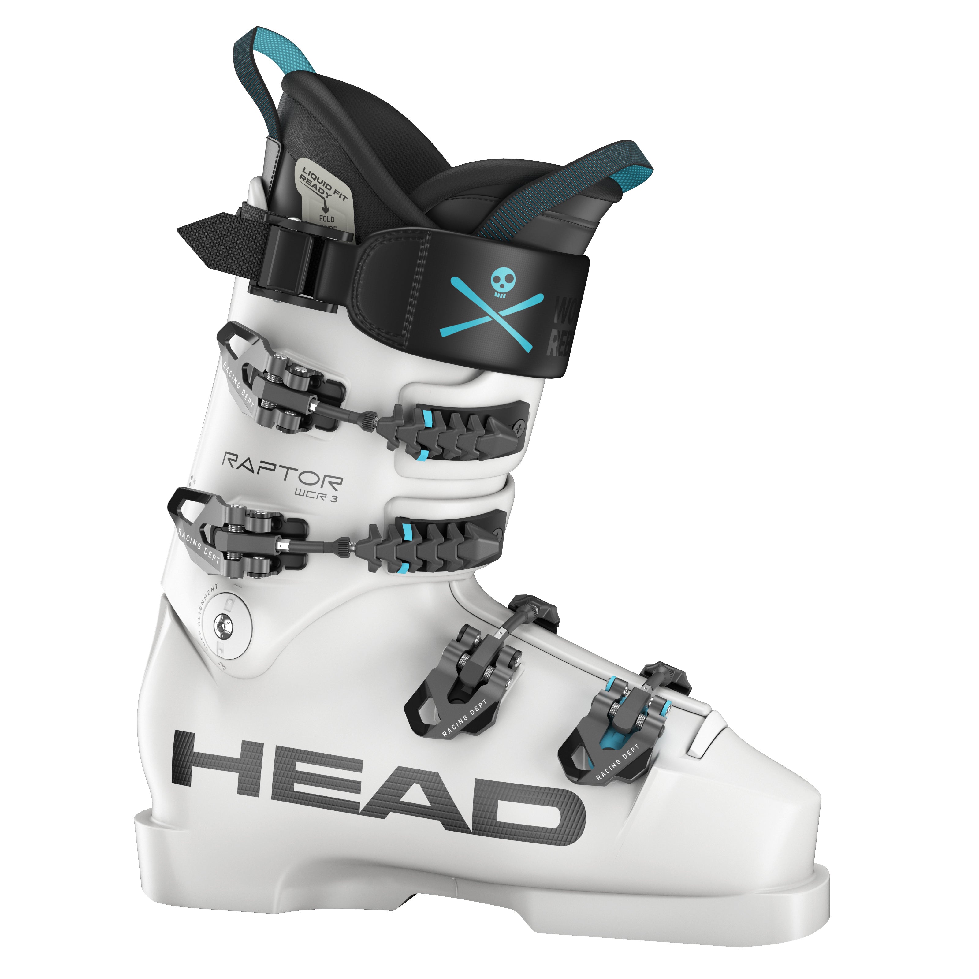 Der weiße Head Raptor WCR 3 Skischuh verfügt über schwarze und blaue Akzente, vier Schnallen, Flex Performance Tuning, einen dicken schwarzen Riemen, HEAD Branding und eine Totenkopfgrafik für einen kantigen Look.