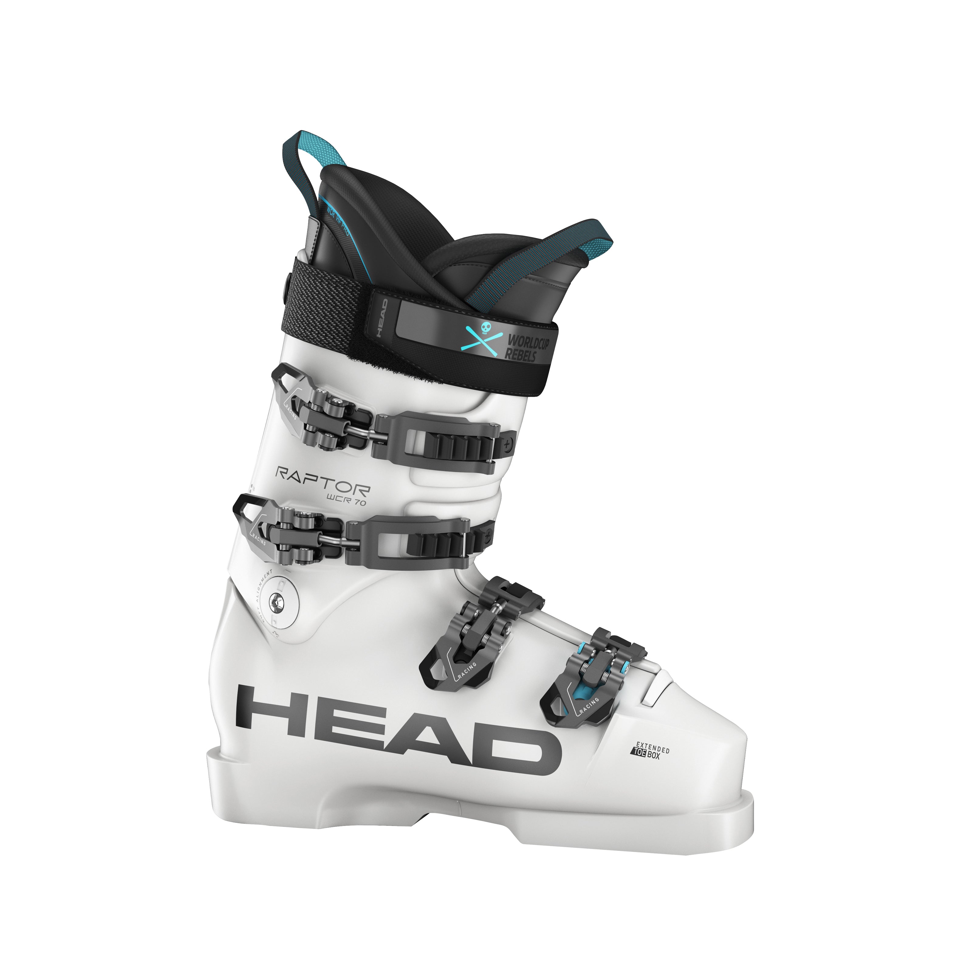 Der Head Raptor WCR 70 ist ein weißer Skischuh mit schwarzen Schnallen, einer schwarzen Manschette, tealfarbenen Akzenten und einem auffälligen HEAD-Branding - ideal für junge Rennfahrer, die auf der Suche nach einer Top-Performance bei Skirennschuhen sind.