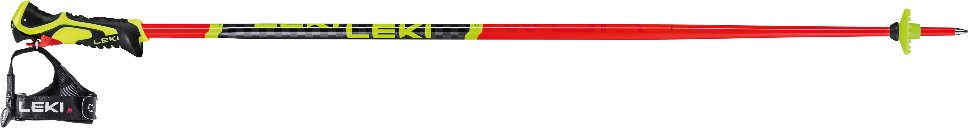 Ein einzelner Leki WCR lite SL-Skistock in Rot und Gelb mit schwarzem Griff, Trigger 3D-System, verstellbarer Handschlaufe und grünem, kreisförmigem Korb nahe der Spitze von Leki ist auf weißem Hintergrund abgebildet.