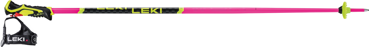 Der LEKI WCR Lite SL Pink von Leki ist ein leichter Slalomstock für schnelle Schwünge. Er hat einen neonpinken Schaft, einen schwarz-gelben Griff, eine verstellbare Schlaufe und einen gelben Korb - ideal für den Wettkampfsport. Abgebildet auf einem weißen Hintergrund.