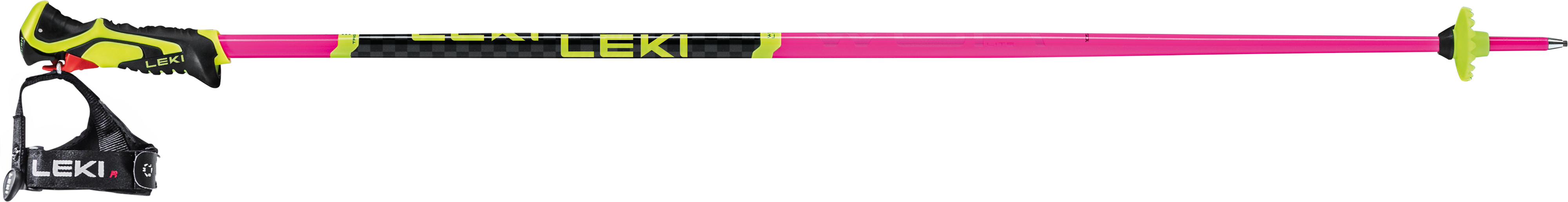 Der Leki WCR lite SL pink Skistock von Leki hat einen neonpinken Schaft, einen schwarz-gelben Griff, eine verstellbare Handschlaufe, ein Trigger 3D-System Branding und einen leuchtend grünen Korb in der Nähe der Spitze.