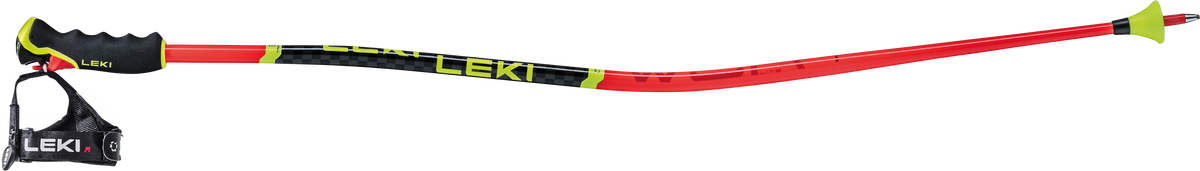 Der LEKI WCR Lite GS von Leki ist ein leichter Riesenslalomstock in Rot und Gelb mit gebogenem Schaft, schwarzem ergonomischem Griff, verstellbarer Schlaufe und kleinem gelben Korb für maximale Kontrolle.