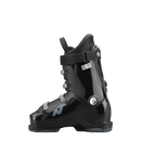 Ein schwarzer Nordica DOBERMANN GP 60 Junior-Skischuh mit silbernen Schnallen, gepolsterter oberer Manschette und einem blauen N-Logo an der Seite ist im Profil vor einem schlichten weißen Hintergrund abgebildet.