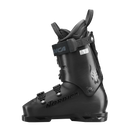 Ein Nordica DOBERMANN 5 RD-S (STIFF) SCHWARZer Skischuh mit drei Schnallen, einem oberen Klettverschluss und einem Wolfslogo an der Seite wird von links vor einem schlichten weißen Hintergrund gezeigt.