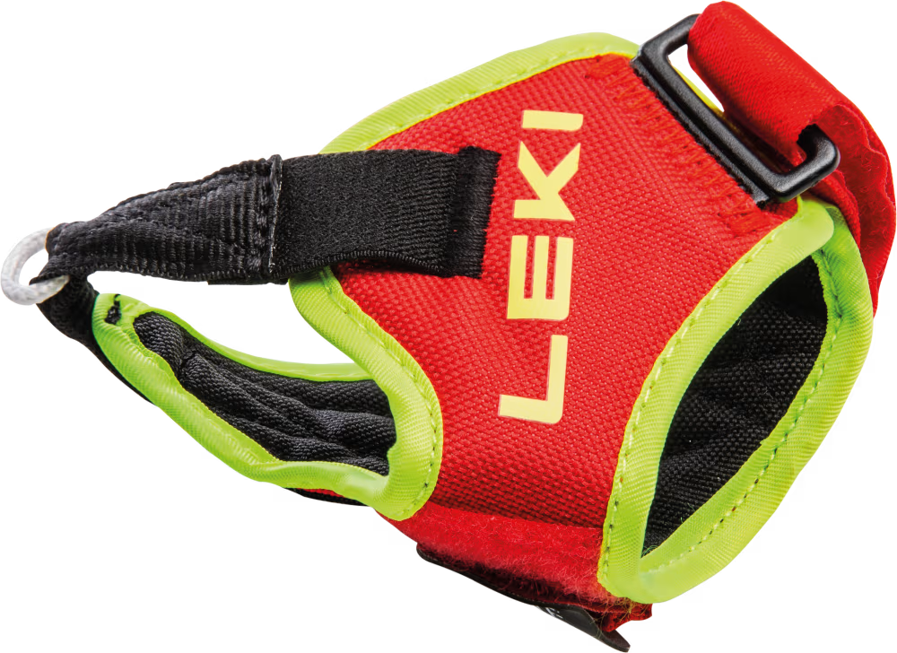 Die Leki Trigger Frame Strap ist eine rot-schwarze Ersatzschlaufe mit gelb-grüner Zierleiste und auffälligem gelben Branding, die für die sichere Befestigung an alpinen Skistockgriffen entwickelt wurde.