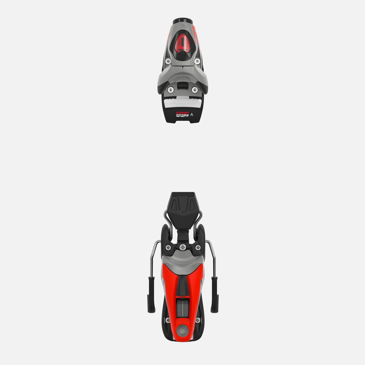 Draufsicht und Vorderansicht der Rossignol LOOK NX 10 GW B73 SILVER RED Skibindung, die ihr silber-rotes Design mit Metallteilen und Bremsarmen vor einem schlichten weißen Hintergrund zeigt.
