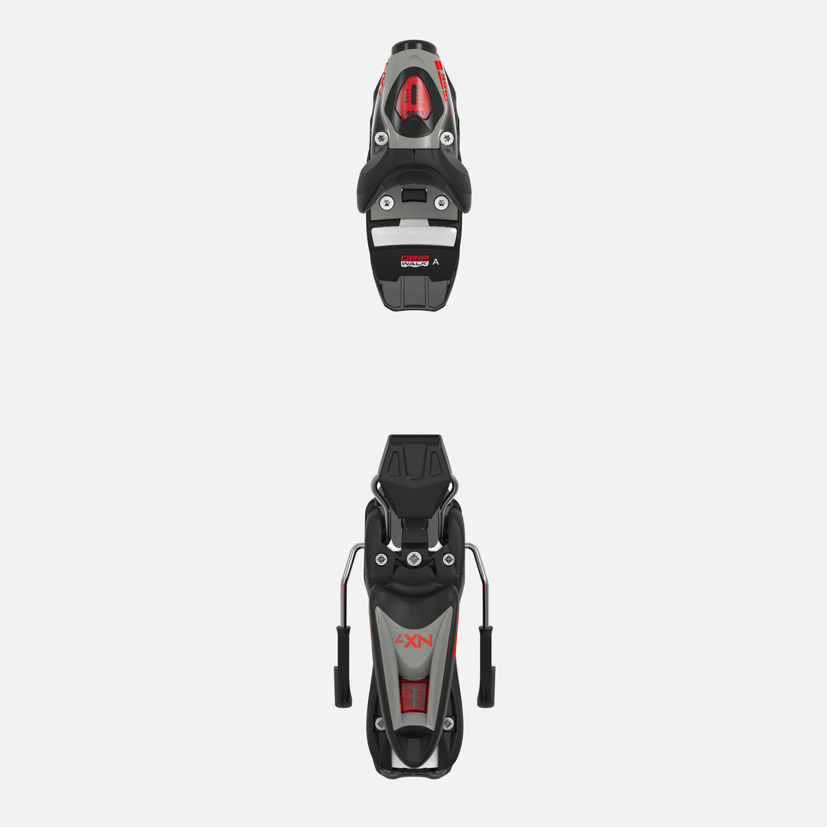 Draufsicht und Seitenansicht einer Rossignol LOOK NX 7 GW LIFTER B73 SILVER RED Skibindung, mit Markenkennzeichnung und Metallteilen, dargestellt vor einem schlichten weißen Hintergrund.