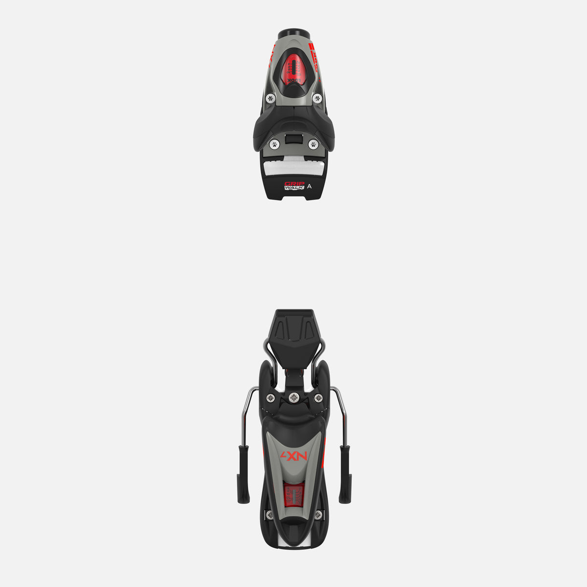 Draufsicht auf die Junior-Skibindung S.F. Sports Look NX 7 GW B73 Silver Red, GripWalk-kompatibel, mit Vorderbacken unten und Ferse oben, dargestellt auf einem schlichten weißen Hintergrund.