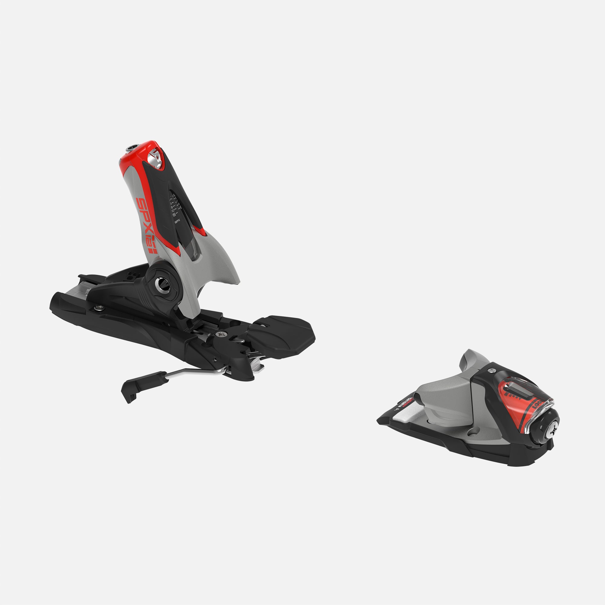 Ein Paar Rossignol LOOK SPX 12 GW B80 SILVER RED Bindungen sind auf weißem Hintergrund abgebildet, mit getrennten Zehen- und Fersenstücken.