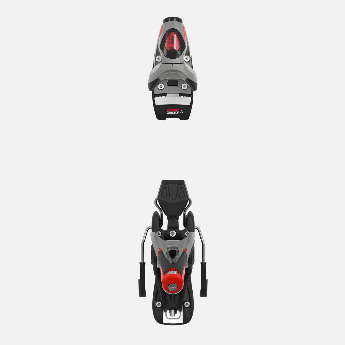 Draufsicht auf ein Paar Rossignol LOOK SPX 11 GW B73 SILVER RED Bindungen, die übereinander positioniert sind und die Farben Schwarz, Rot und Silber sowie die Einstellmöglichkeiten präsentieren - perfekt als Race-Bindung.