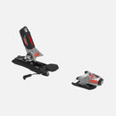 Ein Paar Rossignol LOOK PX 18 WC ROCKERACE SILVER RED Skibindungen - eine aufrecht, eine flach - auf weißem Hintergrund, mit schwarzem, grauem und rotem Design, ideal für Slalom und Riesenslalom.