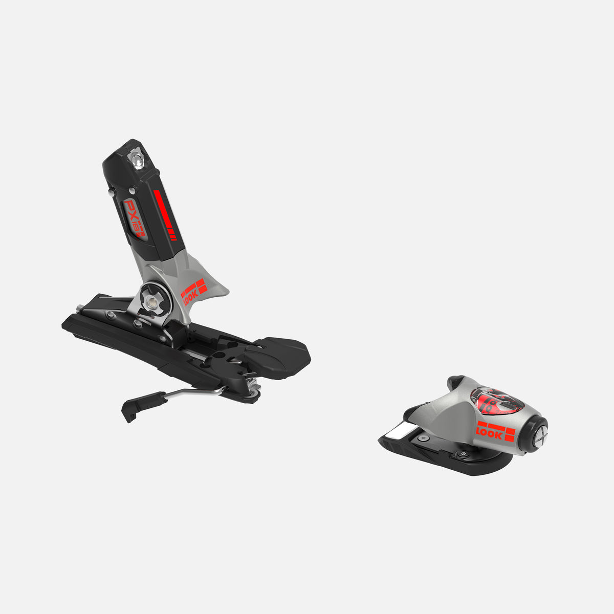 Ein Paar Rossignol LOOK PX 18 WC ROCKERACE SILVER RED Skibindungen - eine aufrecht, eine flach - auf weißem Hintergrund, mit schwarzem, grauem und rotem Design, ideal für Slalom und Riesenslalom.