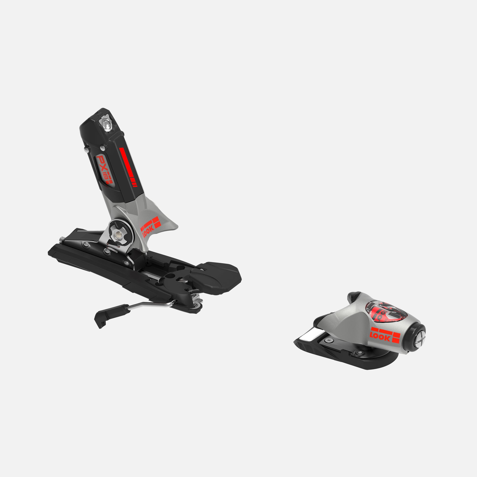 Ein Paar Rossignol LOOK PX 18 WC ROCKERACE SILVER RED Skibindungen - eine aufrecht, eine flach - auf weißem Hintergrund, mit schwarzem, grauem und rotem Design, ideal für Slalom und Riesenslalom.