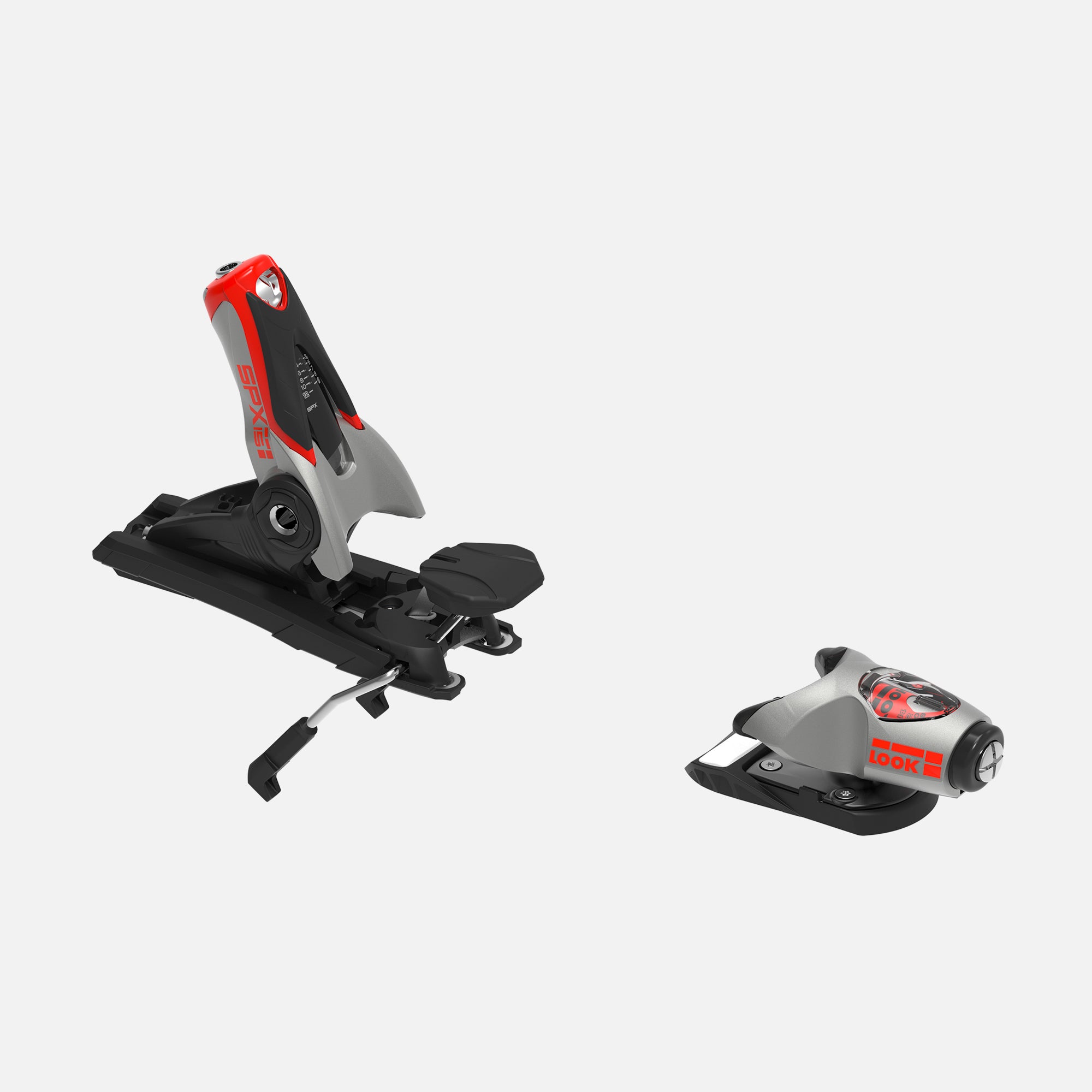 Die Rossignol LOOK SPX 15 ROCKERACE SILVER RED Skibindung hat eine schwarze Grundplatte mit roten und grauen Akzenten, ein hochgezogenes Fersenteil und ein separates Vorderbacken. Robustes Design macht sie zu idealen Race-Bindungen für passionierte Skifahrer. Abgebildet auf einfarbig weißem Hintergrund.