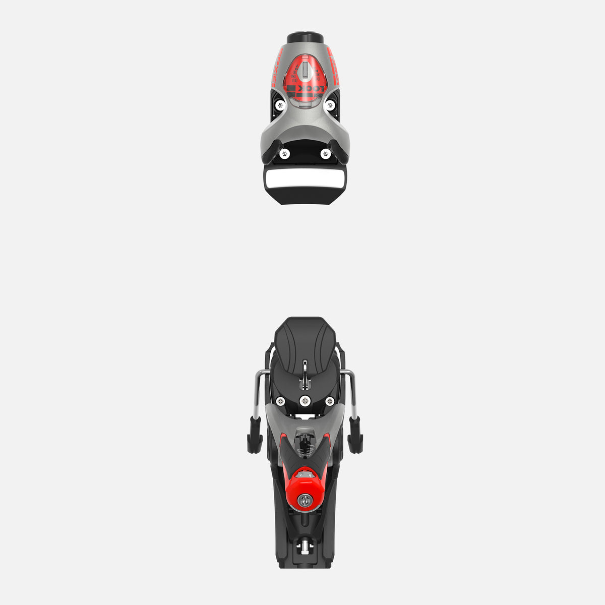 Die Rossignol LOOK SPX 15 ROCKERACE GW MASTER Skibindung in der Draufsicht mit ihren schwarzen, grauen und roten Vorder- und Hinterbacken auf hellem Grund - perfekt für Rossignol-Fans.