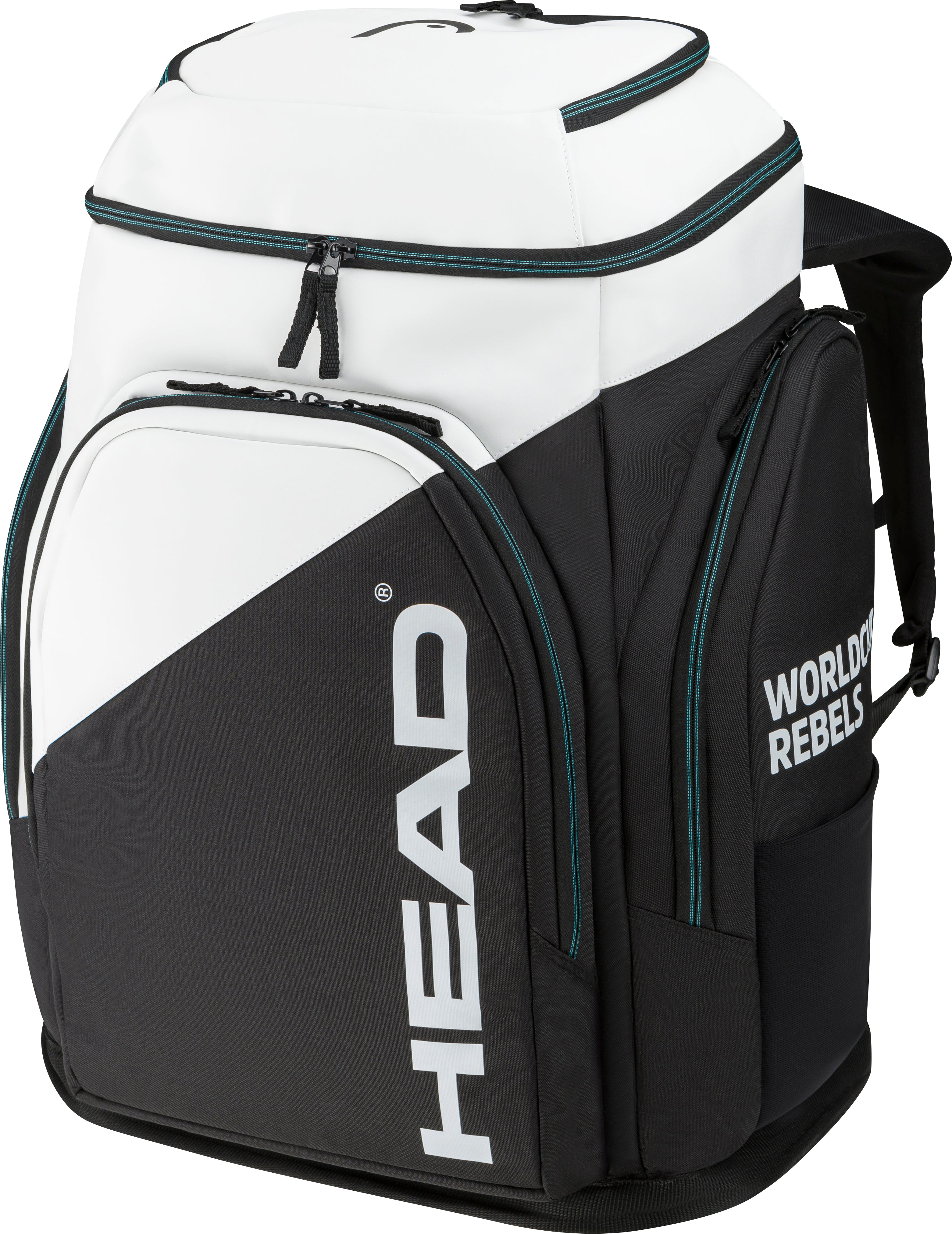 HEAD Rebels Racing Backpack L – großer, schwarzer und weißer Skirucksack mit robustem Design und mehreren Fächern für Skischuhe, Helm und Ausrüstung.