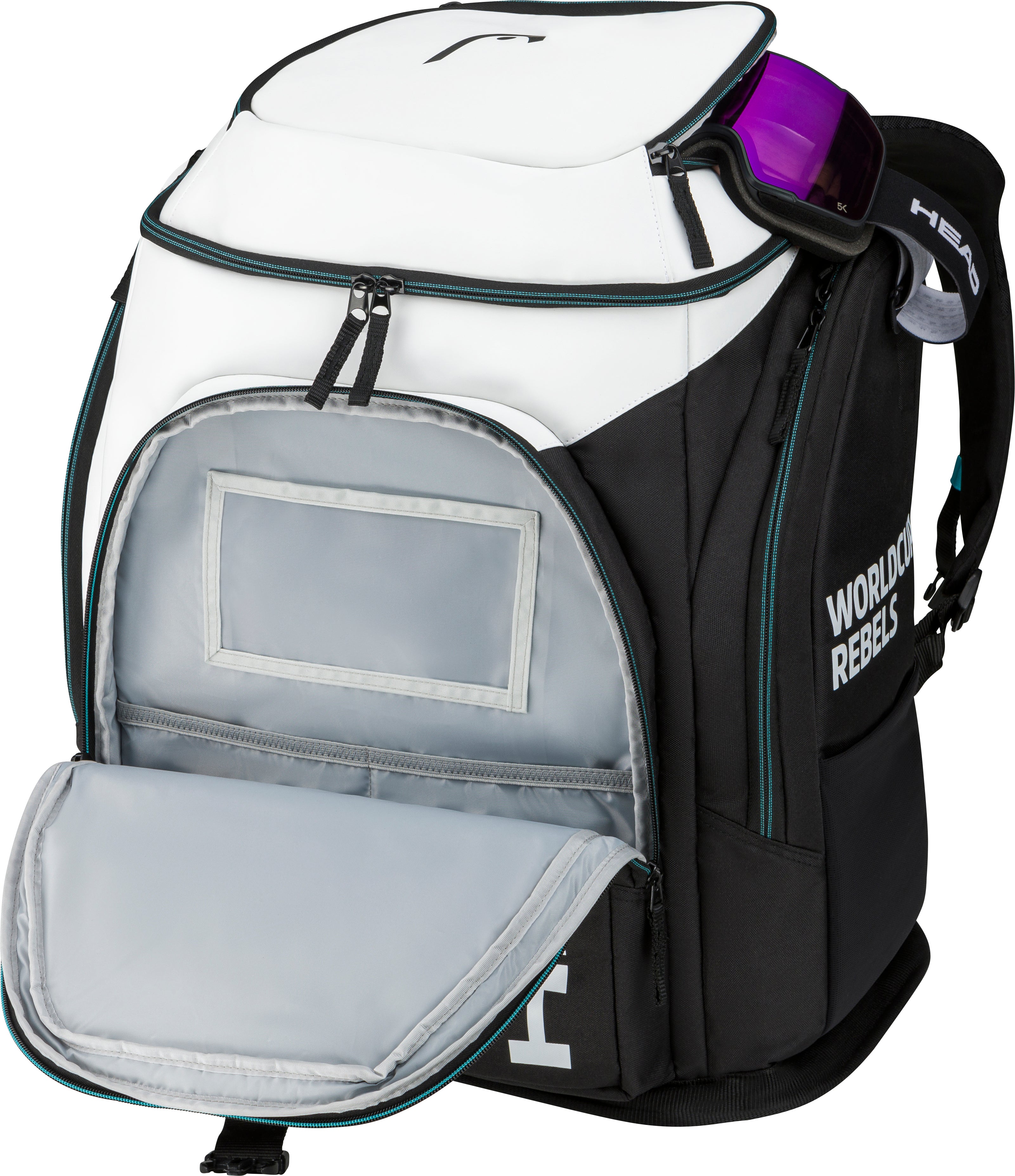 HEAD Rebels Racing Backpack S mit geöffnetem Frontfach – kompakter Skirucksack mit organisiertem Stauraum für Brille, Accessoires und Ausrüstung.