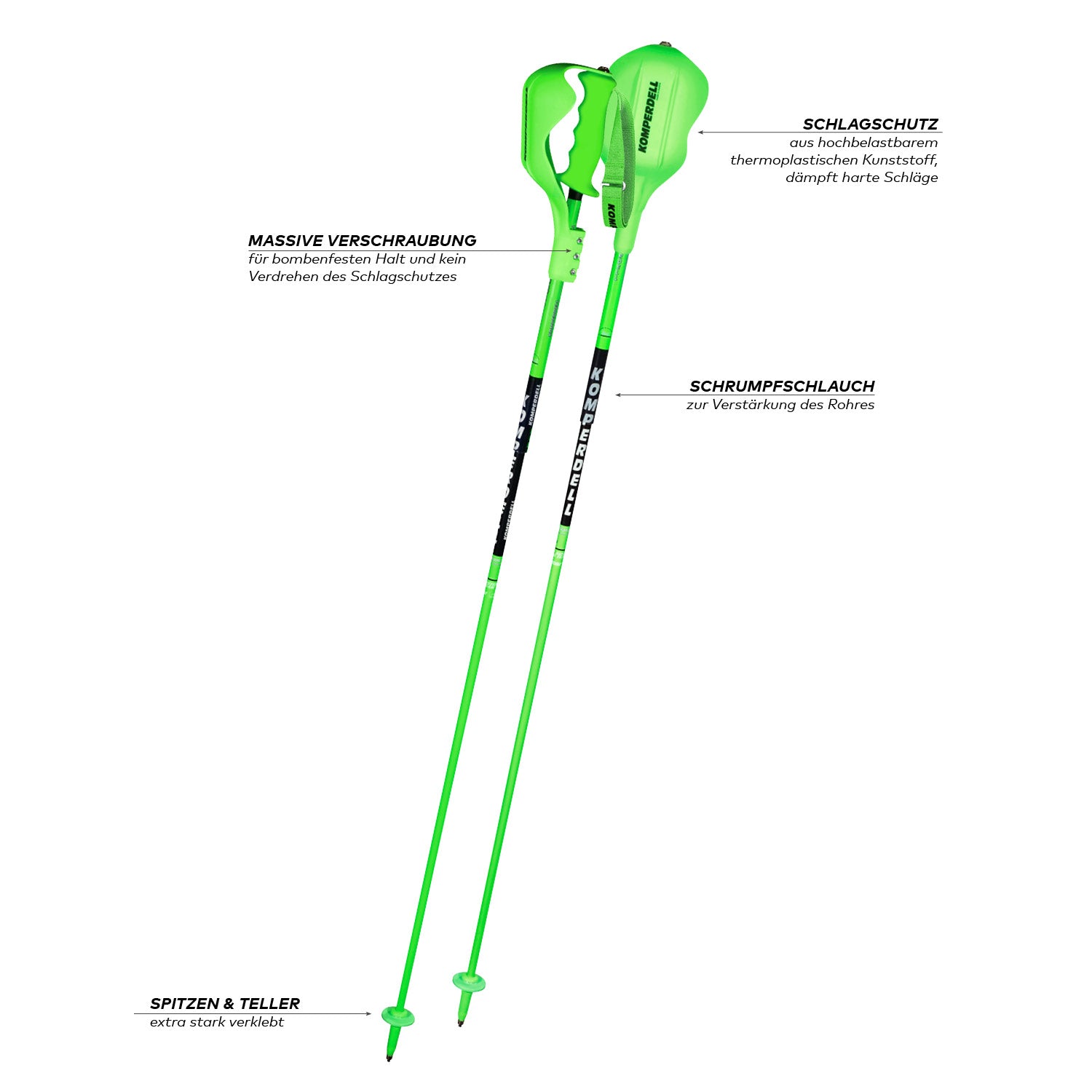 Die Komperdell Nationalteam Carbon Slalom Skistöcke von Komperdell sind leuchtend grün und verfügen über Schlagschutz, verstärkte Verschraubung, Schutzkappen, Schrumpfschlauch für mehr Stabilität und 100% Carbonspitzen und -körbe.