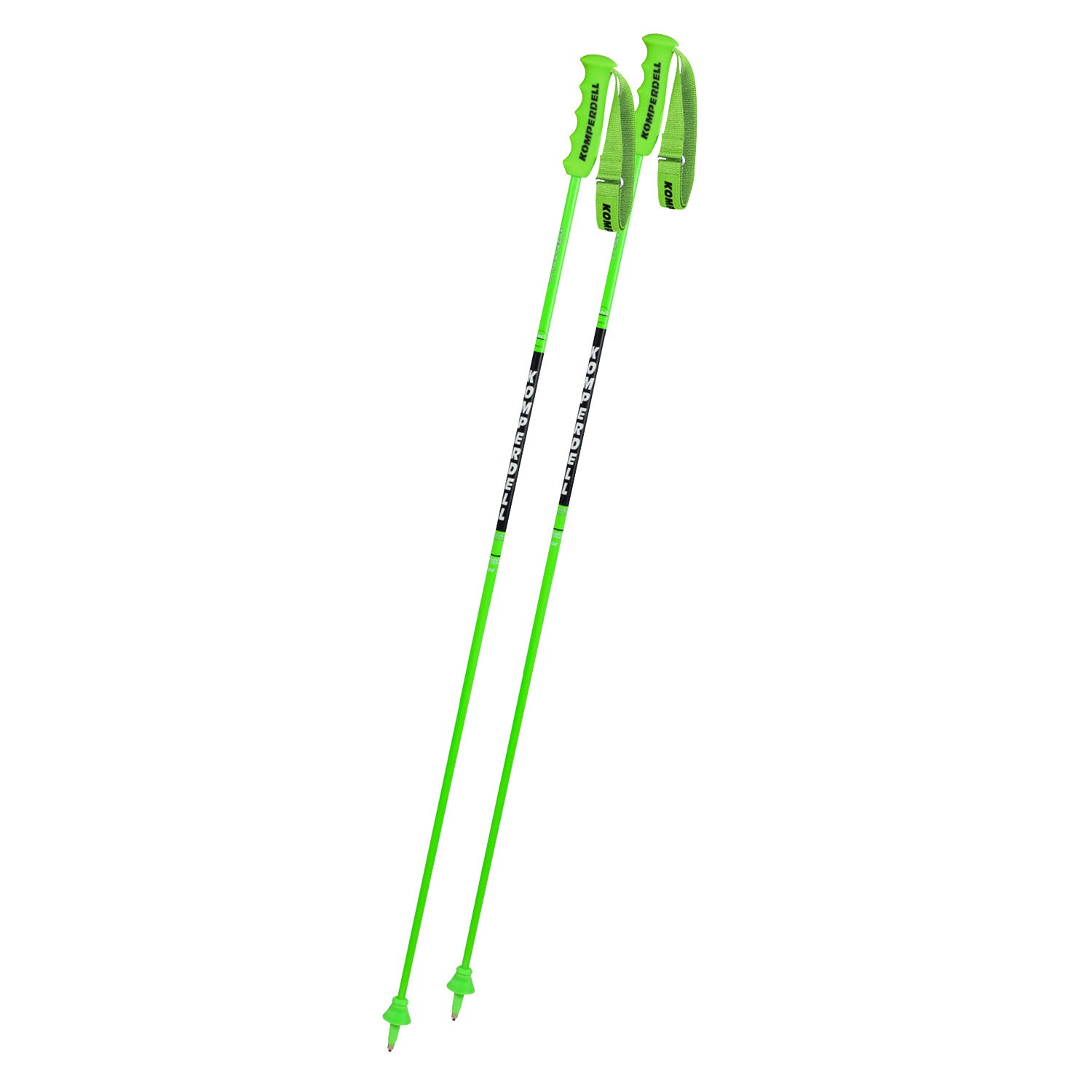Ein Paar Komperdell Nationalteam Carbon GS 12.3 Skistöcke von Komperdell mit leuchtend grüner Farbe, ergonomischen Griffen, Carbonschaft-Konstruktion und spitzen Spitzen, stehen aufrecht vor einem weißen Hintergrund.