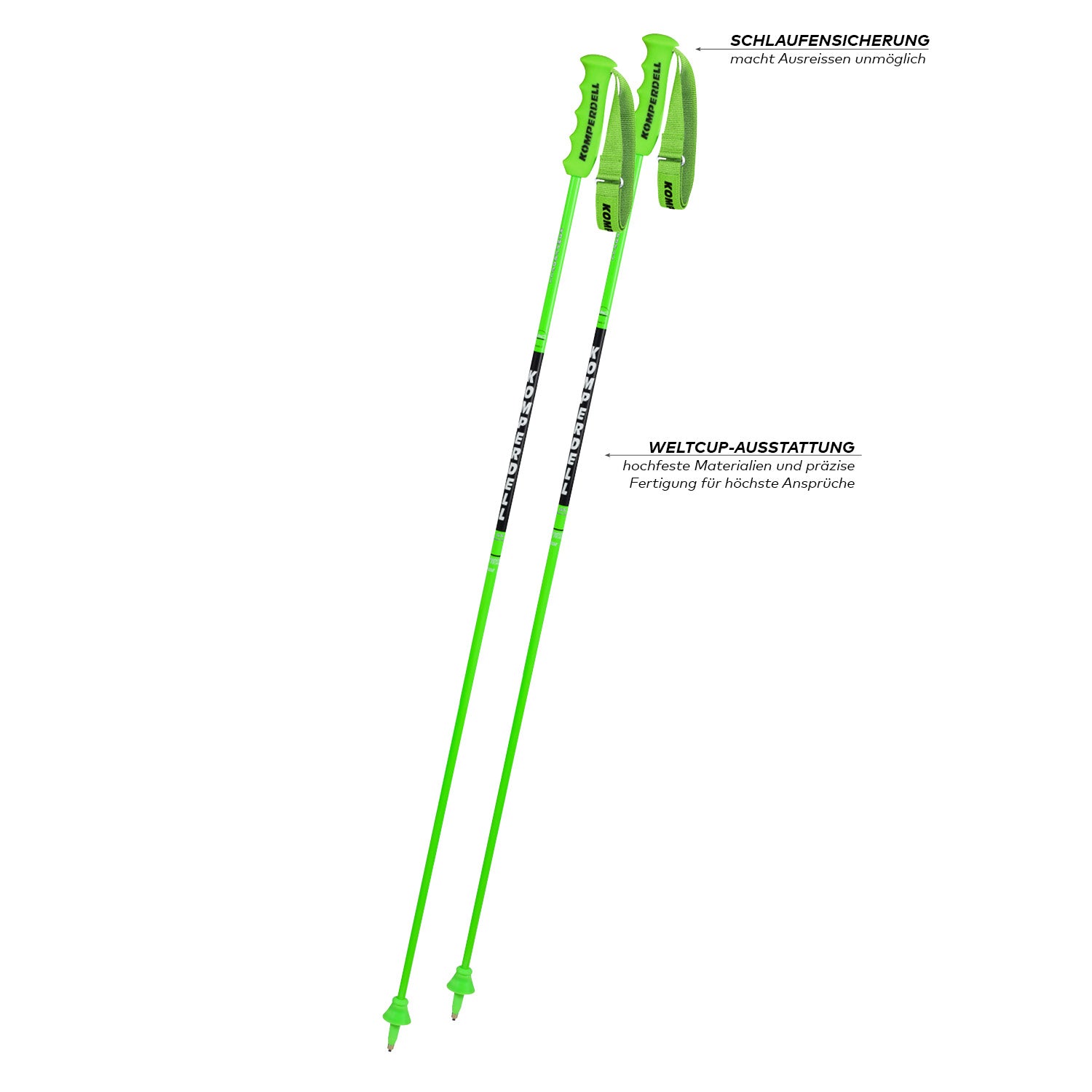 Die Komperdell Nationalteam Carbon GS 12.3 Skistöcke von Komperdell verfügen über ergonomische Griffe, Carbonschäfte, Schlaufensicherung und Weltcup-Ausstattung für Rennläufer, hier in leuchtendem Grün auf weißem Grund.