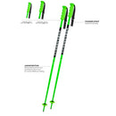 Zwei hellgrüne Komperdell Nationalteam JuniorRennstock Alu Kinder Skistöcke aus leichtem Aluminium, mit Powderschlaufen, ergonomischen Griffen und runden Körben; Nahaufnahmen heben Griffdetails und Längenoptionen (80-115cm) hervor.