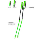 Zwei leuchtend grüne Komperdell Nationalteam Super-G Junior Skistöcke mit ergonomischen Griffen stehen aufrecht. Nahaufnahmen zeigen die Griffe, Schlaufen und Details dieser Junior-Aluminiumstock-Edition in Deutsch und Englisch.