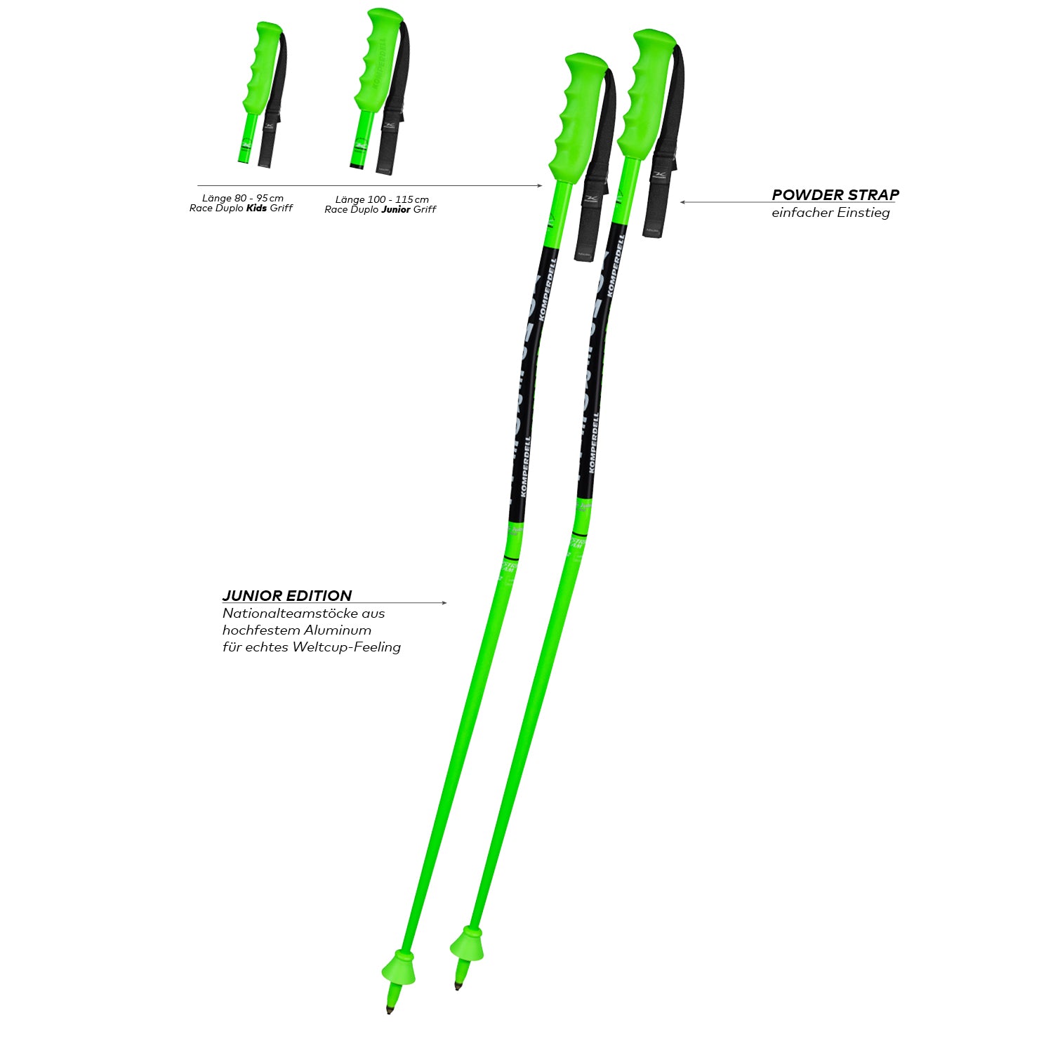 Zwei leuchtend grüne Komperdell Nationalteam Super-G Junior Skistöcke mit ergonomischen Griffen stehen aufrecht. Nahaufnahmen zeigen die Griffe, Schlaufen und Details dieser Junior-Aluminiumstock-Edition in Deutsch und Englisch.