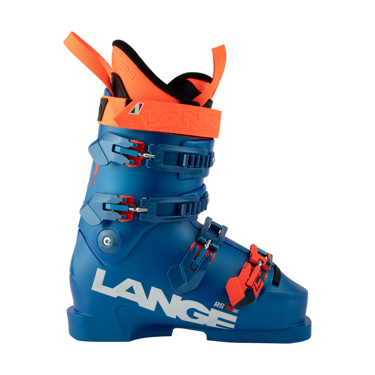 Blauer Skischuh Lange RS 70 SC mit kurzer Manschette, ideal fuer junge Rennlaeufer und ambitionierte Skifahrer.