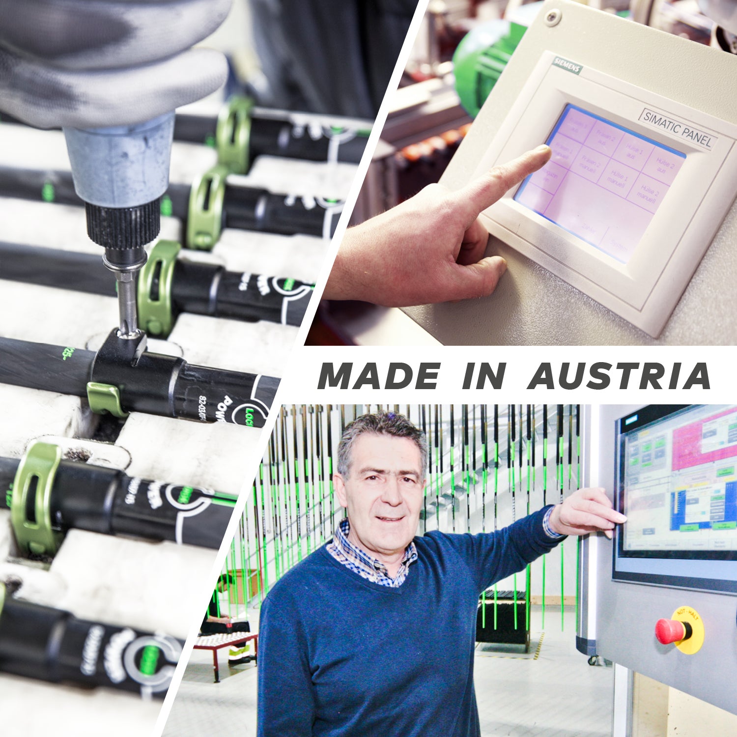 Eine Collage zeigt den Zusammenbau von schwarzen Werkzeugen, eine Hand, die ein Touchscreen-Panel bedient, und einen Mann mit einer Industrieausrüstung, die das Komperdell Nationalteam Super-G Junior zeigt. Der Text "MADE IN AUSTRIA" erscheint in fetten Buchstaben. Marke: Komperdell.
