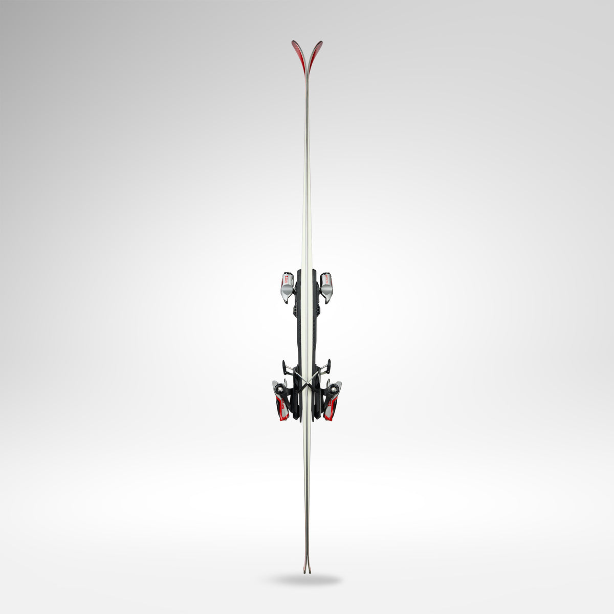 Ein einzelner Rossignol HERO A FIS GS FAC 188 R22 2026/2027 Ski steht aufrecht auf einem schlichten, hellgrauen Hintergrund, von vorne gesehen mit nach oben gebogener Spitze und Heck - ein wettkampftauglicher GS-Ski auf Weltcup-Niveau von Rossignol.