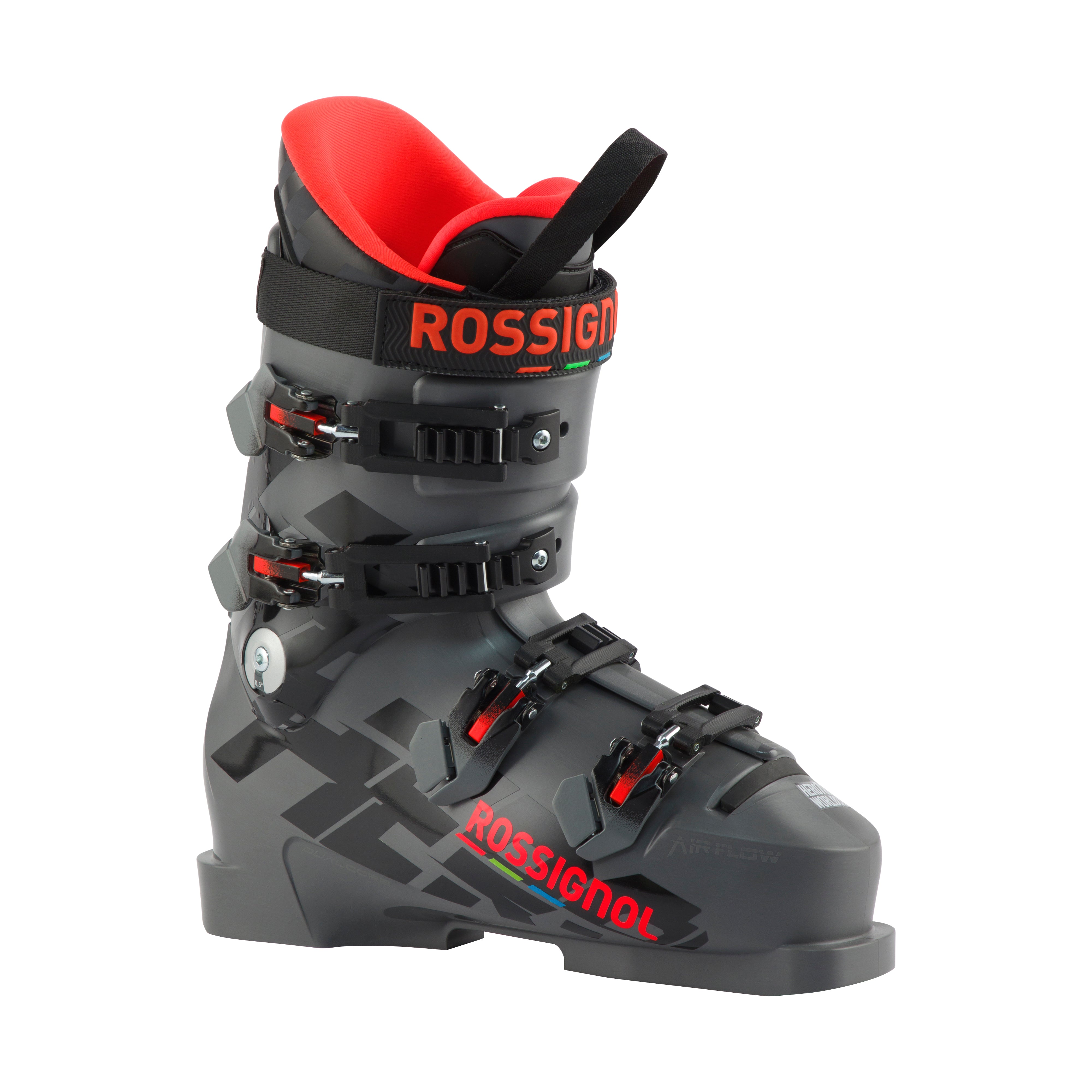 Ein einzelner Rossignol HERO WORLD CUP 70 SC - METEOR GREY Junior-Skischuh in Schwarz und Grau mit rotem Innenfutter, drei verstellbaren Schnallen, Rossignol-Branding in Rot an der Seite und einem schwarzen Riemen für maximale Kontrolle.