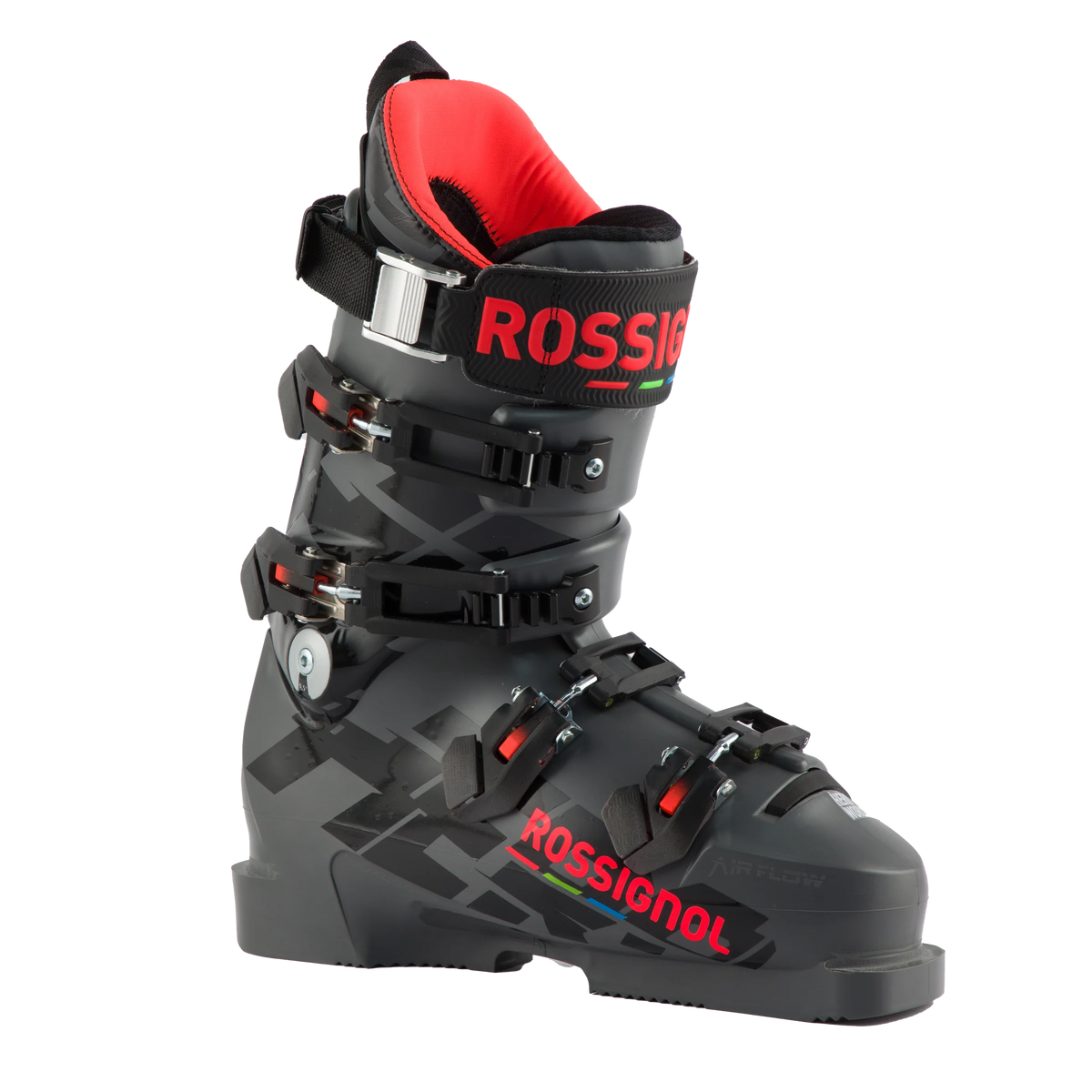 Ein schwarz-roter Rossignol HERO WORLD CUP ZJ+ Alpin-Skischuh mit vier verstellbaren Schnallen und rotem Innenfutter, abgebildet auf weißem Grund.