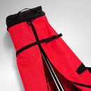 Eine rot-schwarze Rossignol HERO SKI BAG 2/3P ADJUSTABLE 190/220 mit schwarzen Riemen und Reißverschlüssen ist teilweise geöffnet abgebildet, sodass die darin befindliche Sportausrüstung auf einer hellgrauen Unterlage zu sehen ist – was das robuste Design unterstreicht, das an die renommierte Marke Rossignol erinnert.